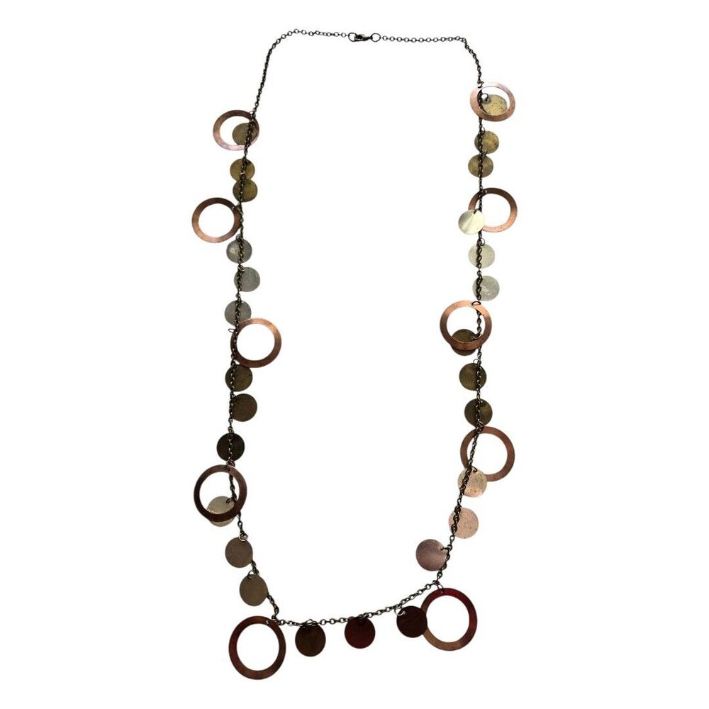 Stylish Vintage Necklace With Brass Circles. Tarnished With Patina From Age.